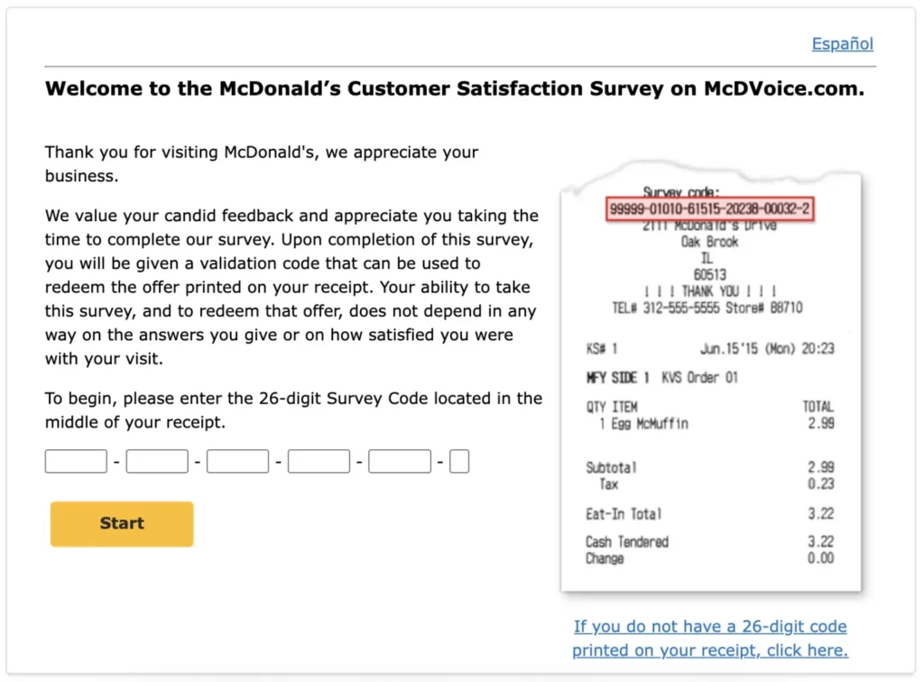 mcdvoice com survey with receipt